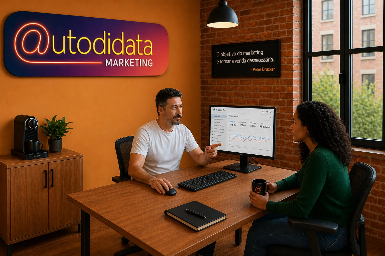 Consultoria de marketing digital mostrando resultados de campanhas no Google Ads para cliente