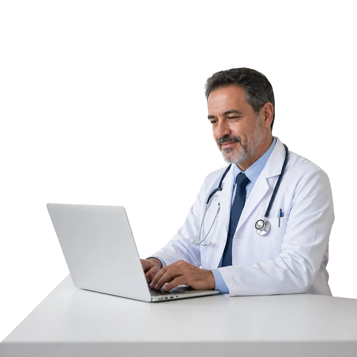 Médico utilizando notebook para acompanhar resultados e gestão da clínica